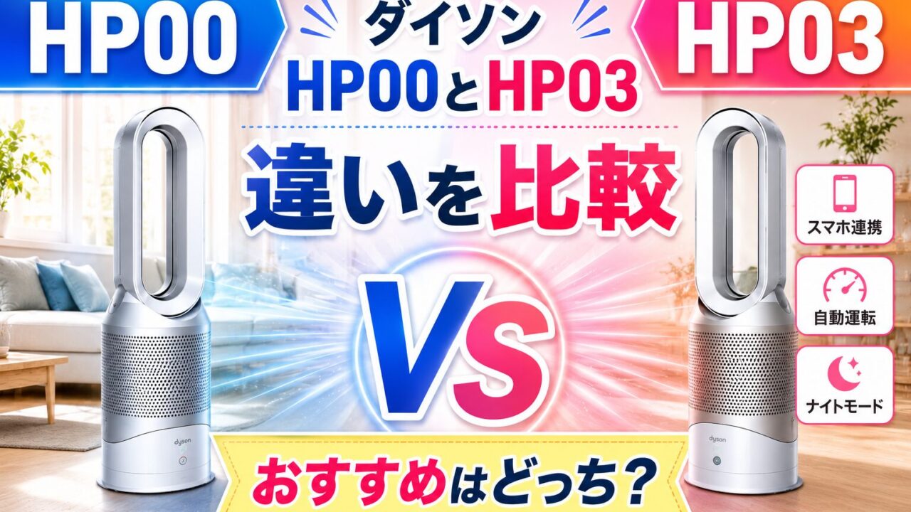 ダイソンHP00とHP03の違いを比較したアイキャッチ画像。スマホ連携や自動運転機能の有無を比較し、おすすめモデルを紹介。