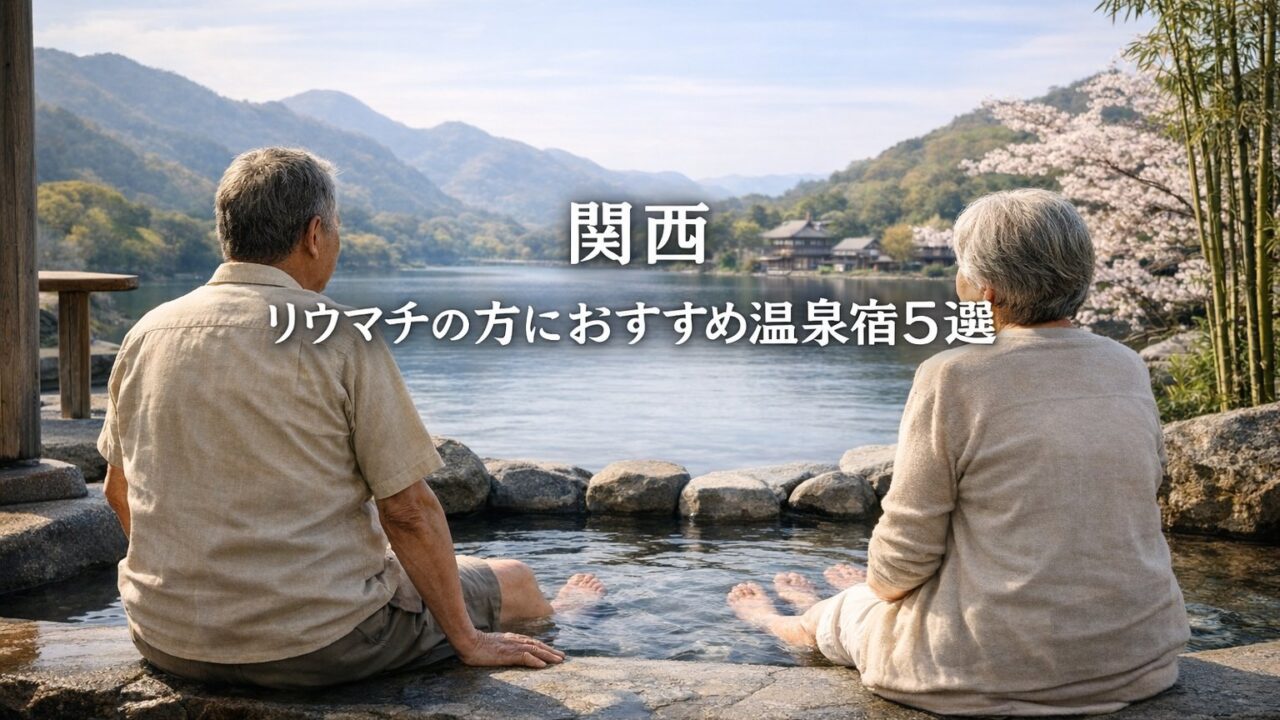 関西の温泉で足だけ浸かり景色を眺める高齢夫婦