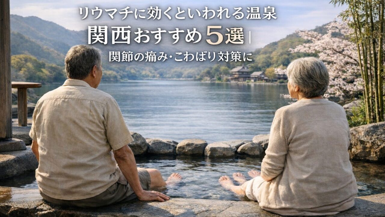 リウマチに効くといわれる関西の温泉で足湯を楽しむ高齢の男女｜関節の痛み・こわばり対策イメージ